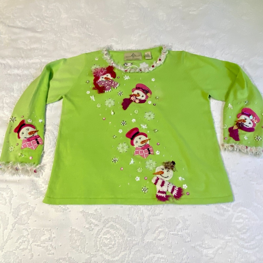 Design Options Philip Jane Gordon Snowman Sweater Cardigan Women's‎ Sz S Green